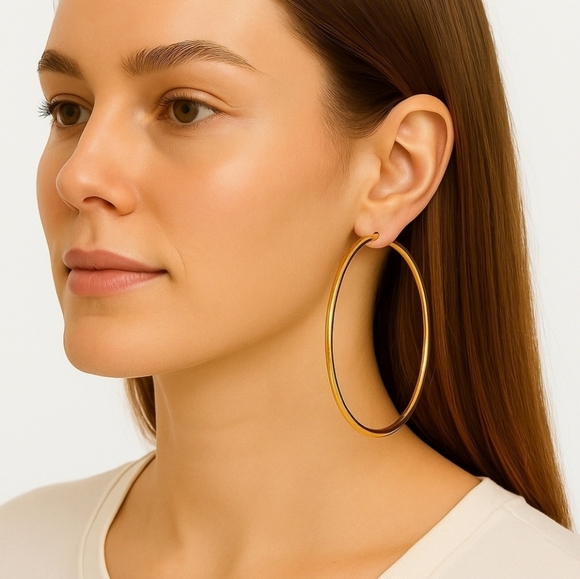 18k Gold Over Stainless Steel 60 mm 2.3" Hoop Earrings NWT Sensitive Ears - Picture 3 of 4